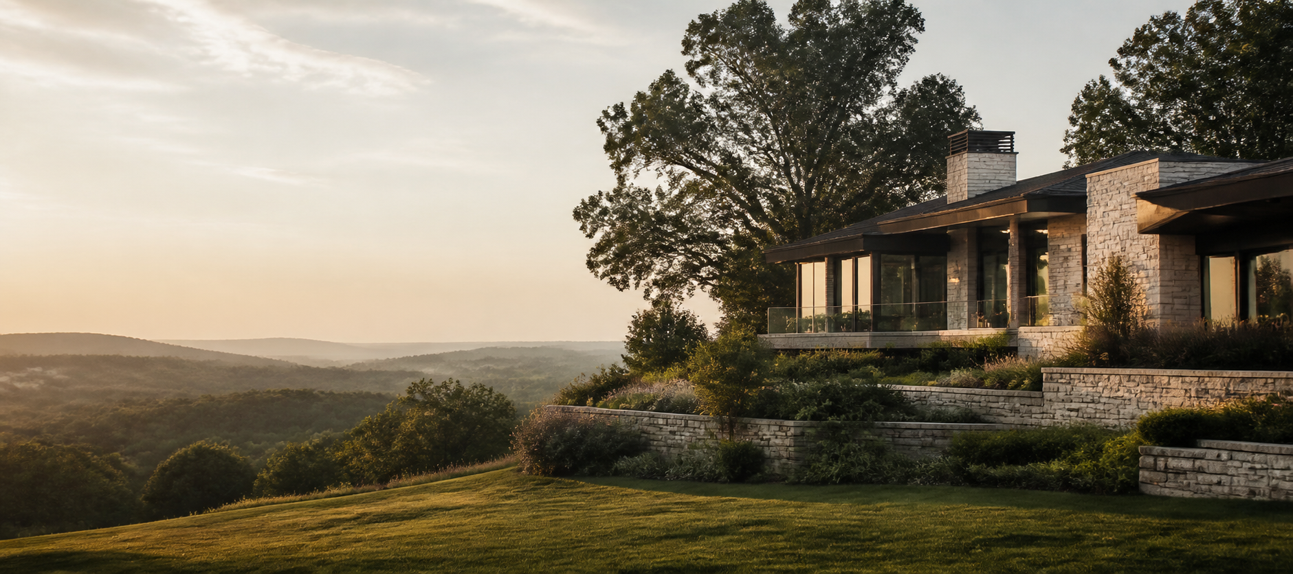 Contemporary limestone home overlooking the hills of Middle Tennessee at sunrise